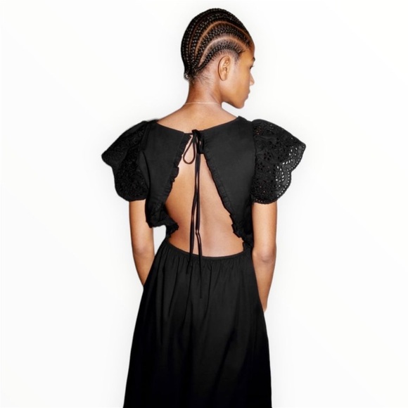 Zara Eyelet Embroidered Black Smocked Dress Medium - Picture 1 of 14